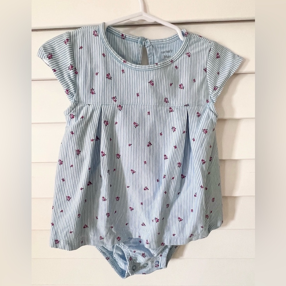 Carter's Light Blue Striped Romper with Pink Floral Accents